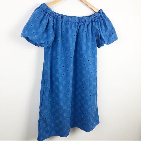 Zara Floral Openwork Textured Blue Off Shoulder Mini Sun Dress Balloon Sleeve - Picture 4 of 15